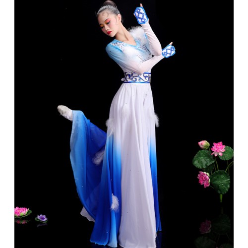 Women girls white with royal blue Chinese folk dance dress feather minority ethnic mongolian stage performance long skirts gown for female